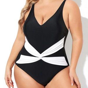 Women's Black and White Twist Front One Piece Swimsuit